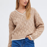 Beige Sweater Long sleeve V neck