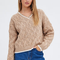 Beige Sweater Long sleeve V neck