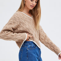 Beige Sweater Long sleeve V neck