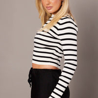 White Stripe Knit Top Long Sleeve