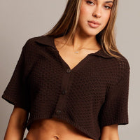 Brown Crochet Knit Top Collared