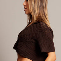 Brown Crochet Knit Top Collared