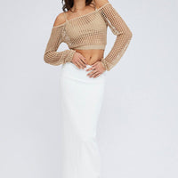 Beige Crochet Knit Top Long Sleeve Square Neck