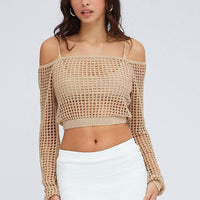Beige Crochet Knit Top Long Sleeve Square Neck