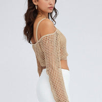 Beige Crochet Knit Top Long Sleeve Square Neck