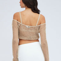 Beige Crochet Knit Top Long Sleeve Square Neck