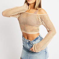 Beige Crochet Knit Top Long Sleeve Square Neck