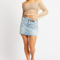 Beige Crochet Knit Top Long Sleeve Square Neck