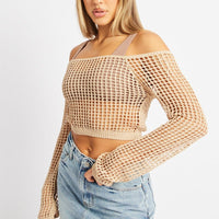 Beige Crochet Knit Top Long Sleeve Square Neck