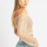 Beige Crochet Knit Top Long Sleeve Square Neck