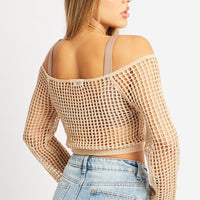 Beige Crochet Knit Top Long Sleeve Square Neck