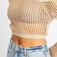 Beige Crochet Knit Top Long Sleeve Square Neck