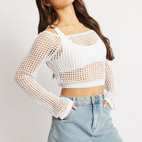 White Crochet Knit Top Long Sleeve Square Neck