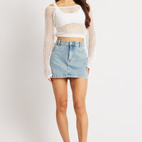 White Crochet Knit Top Long Sleeve Square Neck