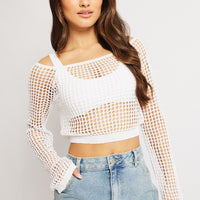 White Crochet Knit Top Long Sleeve Square Neck