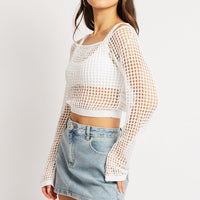 White Crochet Knit Top Long Sleeve Square Neck
