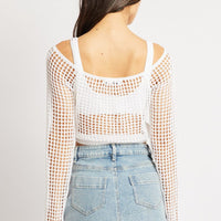 White Crochet Knit Top Long Sleeve Square Neck