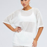 White Oversized Knit Top Short Sleeve Crew Neck
