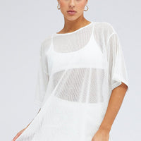 White Oversized Knit Top Short Sleeve Crew Neck