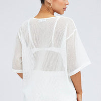 White Oversized Knit Top Short Sleeve Crew Neck