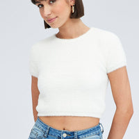 White Fluffy Knit Top Short Sleeve Crew Neck