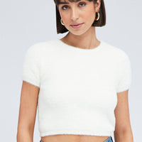 White Fluffy Knit Top Short Sleeve Crew Neck