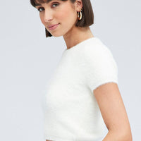 White Fluffy Knit Top Short Sleeve Crew Neck