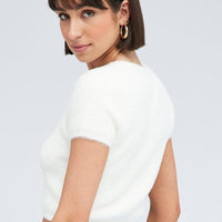 White Fluffy Knit Top Short Sleeve Crew Neck