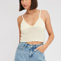 Beige Crochet Singlet Top V Neck