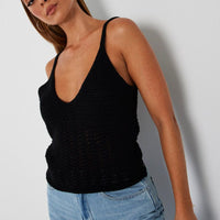 Black Crochet Knit Top Sleeveless V Neck