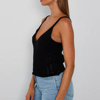 Black Crochet Knit Top Sleeveless V Neck