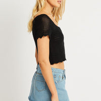 Black Crochet Knit Top Short Sleeve Button Down