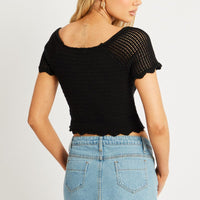 Black Crochet Knit Top Short Sleeve Button Down