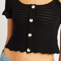 Black Crochet Knit Top Short Sleeve Button Down