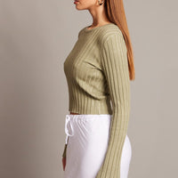 Green Crop Jumper Boat Neck Long Sleeve