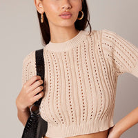 Beige Knit Top Crew Neck Short Sleeves Cropped