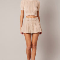 Beige Knit Top Crew Neck Short Sleeves Cropped