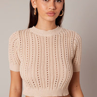 Beige Knit Top Crew Neck Short Sleeves Cropped