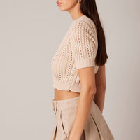 Beige Knit Top Crew Neck Short Sleeves Cropped