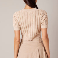 Beige Knit Top Crew Neck Short Sleeves Cropped