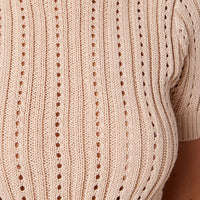 Beige Knit Top Crew Neck Short Sleeves Cropped