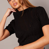 Black Knit Top Crew Neck Short Sleeves Cropped