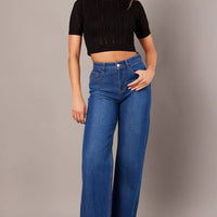 Black Knit Top Crew Neck Short Sleeves Cropped