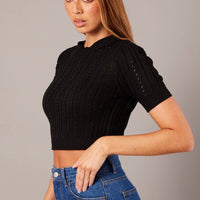 Black Knit Top Crew Neck Short Sleeves Cropped