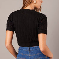 Black Knit Top Crew Neck Short Sleeves Cropped