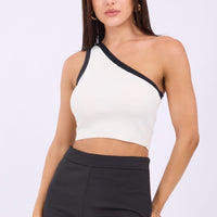 White One Shoulder Knit Crop Top Contrast