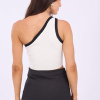 White One Shoulder Knit Crop Top Contrast