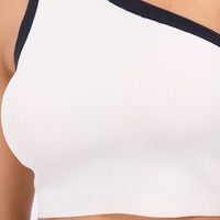 White One Shoulder Knit Crop Top Contrast