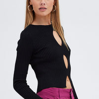 Black Knit Top Cut Out Long Sleeve Ribbed