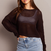 Brown Crochet Knit Top Boat Neck Long Sleeve